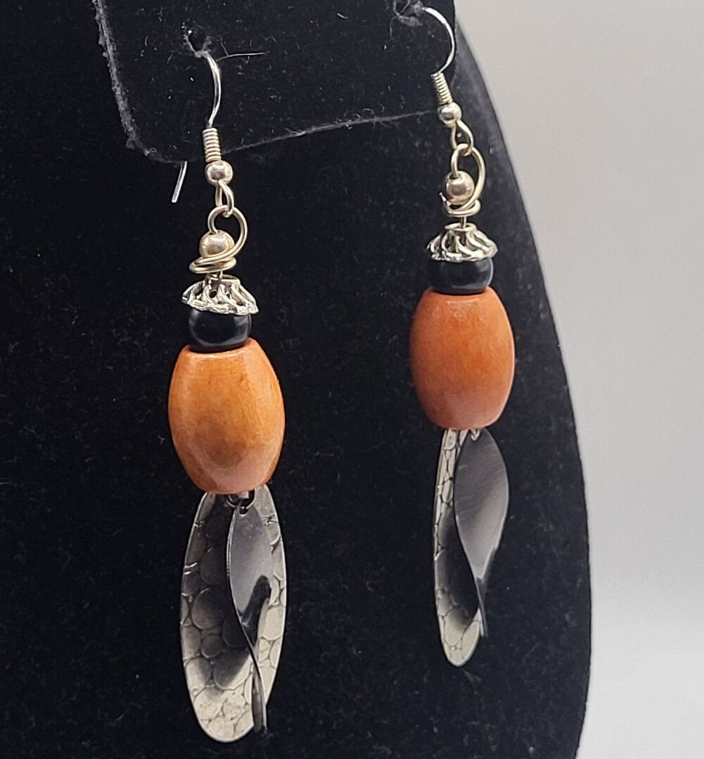 Boho Handcrafted Orange Wood Bead Dangle Earrings Textured Silver Leaf Drop 3in